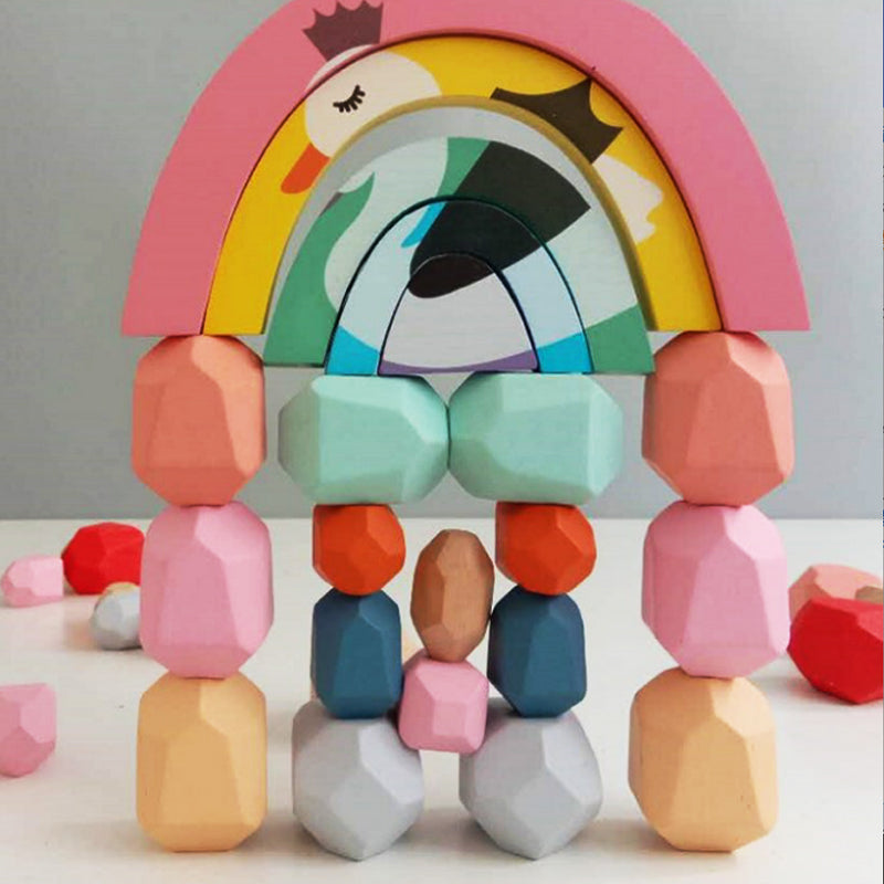 Jeu d’Empilage en Bois Style Arc-en-Ciel – Défi d’Équilibre
